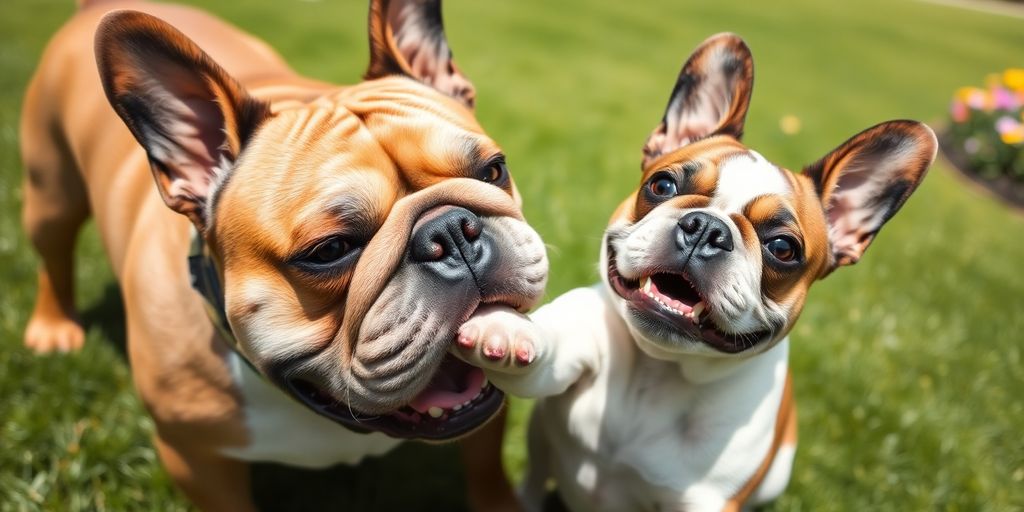 Bulldog and French Bulldog playing in a sunny park.