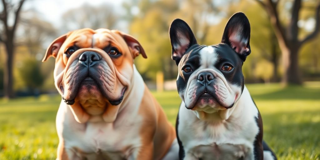 Bulldog and French Bulldog sitting in a park.